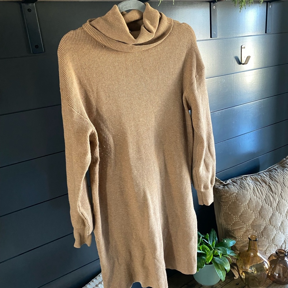 Camel Brown Cowl Neck Sweater Dress | Size Medium